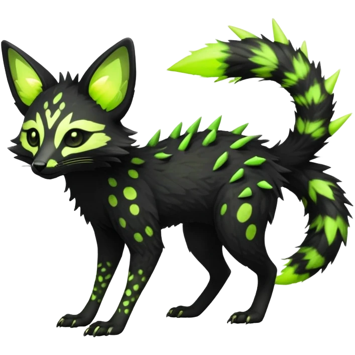 Rare realistic black edgy toxic radioactive-themed black fur with neon-lime-green-glowing  epic handsome gorgeous aesthetic vibrant Vernid-Trico-Genet-species-hybrid-Fakemon-creature by LiLaiRa, 4 legs, 1 tail, random markings, (full body) with tiny spikes on tail emoji