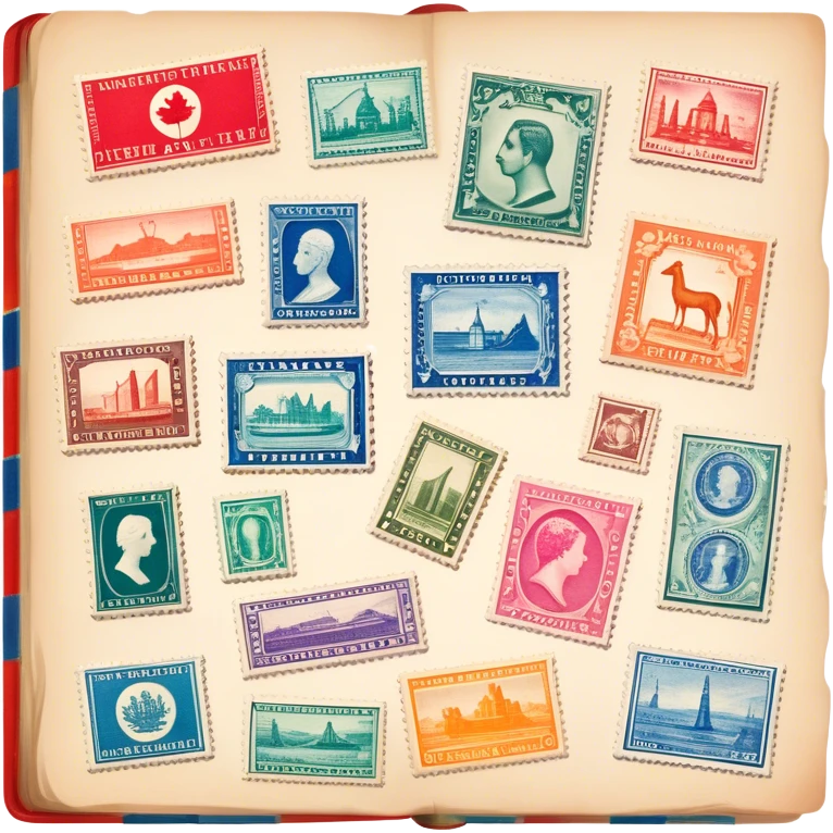 Icon for Stamp Collecting: a collection of vintage and colorful stamps arranged in an album or on a desk, with a large stamp block in the center showcasing different countries and themes. The icon should reflect the charm and history of philately. Transparent background. emoji
