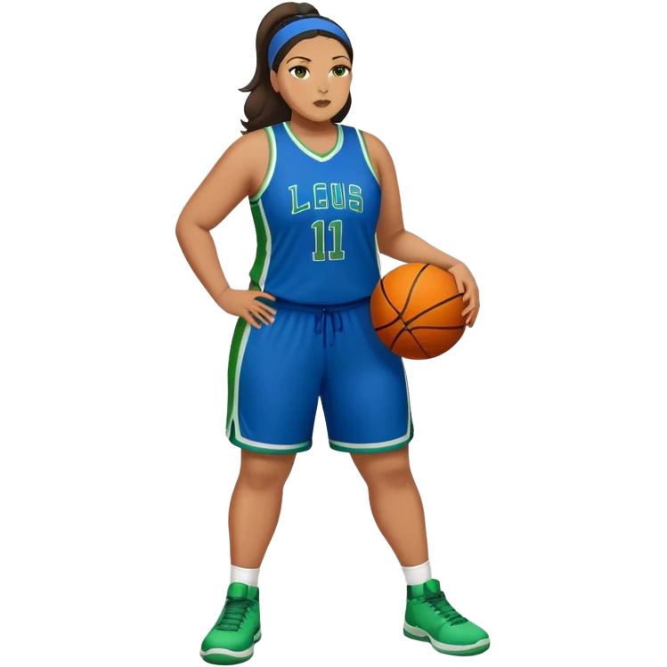 Full Body Latino plus size women basketball player wearing blue and green uniform emoji