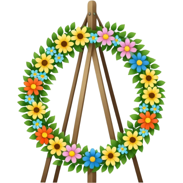 midsommarstång (Swedish maypole) decorated with green leaves and colorful flowers, standing upright with two floral wreaths hanging from the crossbar, festive and cheerful, clean modern illustration style emoji