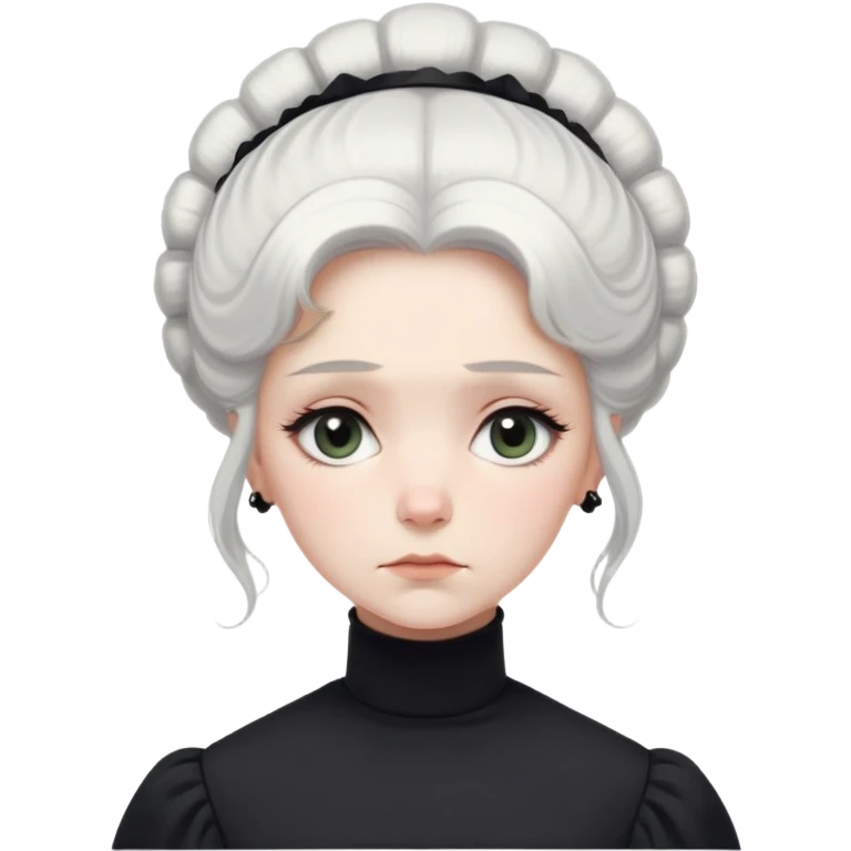 A Victorian woman with simple yet elegant coiffed white hair and light eyes wearing a modest unadorned monochrome black turtleneck mourning dress with puff sleeves looking down with a forlorn expression emoji