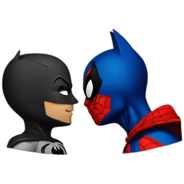 spiderman and batman pretending to kiss emoji