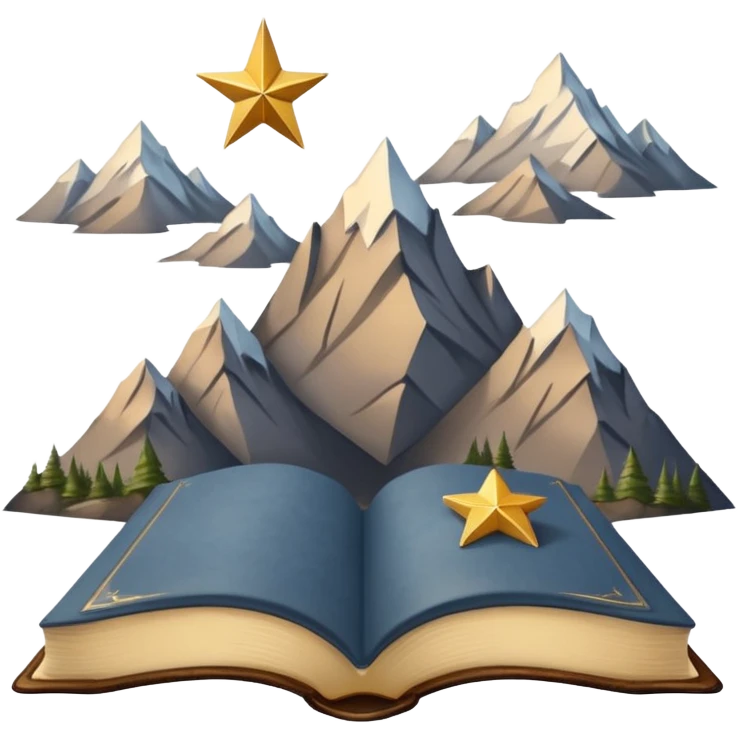 three mountain peaks of gray color, above each of the peaks there is a golden star, in front of the mountain peaks there is an open book emoji