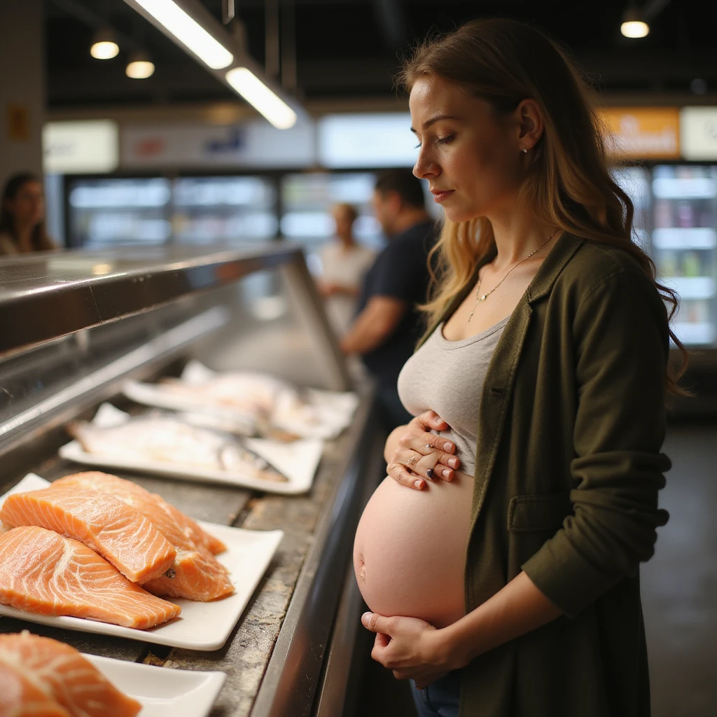 realistic pregnant woman in 4K at a supermarket, observing the fish counter and choosing not to take salmon, attentive and protective expression towards her belly emoji