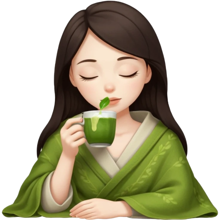 White Girl dark brown hair  inside a blanket sipping matcha eyes closed emoji