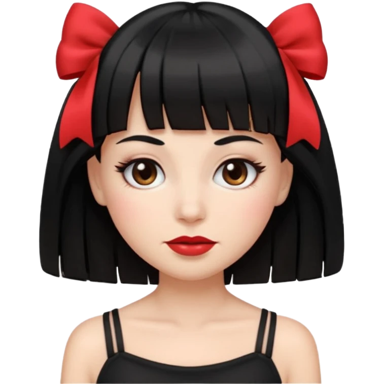 emoji feminino branca com cabelo longo, preto, liso e com franja. olhos castanhos. no rosto maquiagem com blush, cílios, delineador e batom vermelho. usando uma blusa preta com alças finas e um laço branco de cada lado emoji