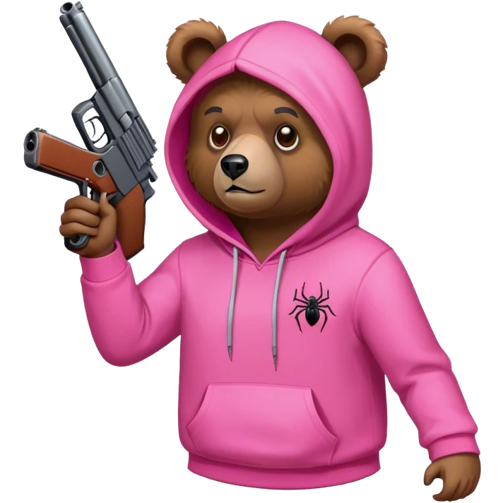 Bear in pink hoodie shooting a gun at a spider emoji