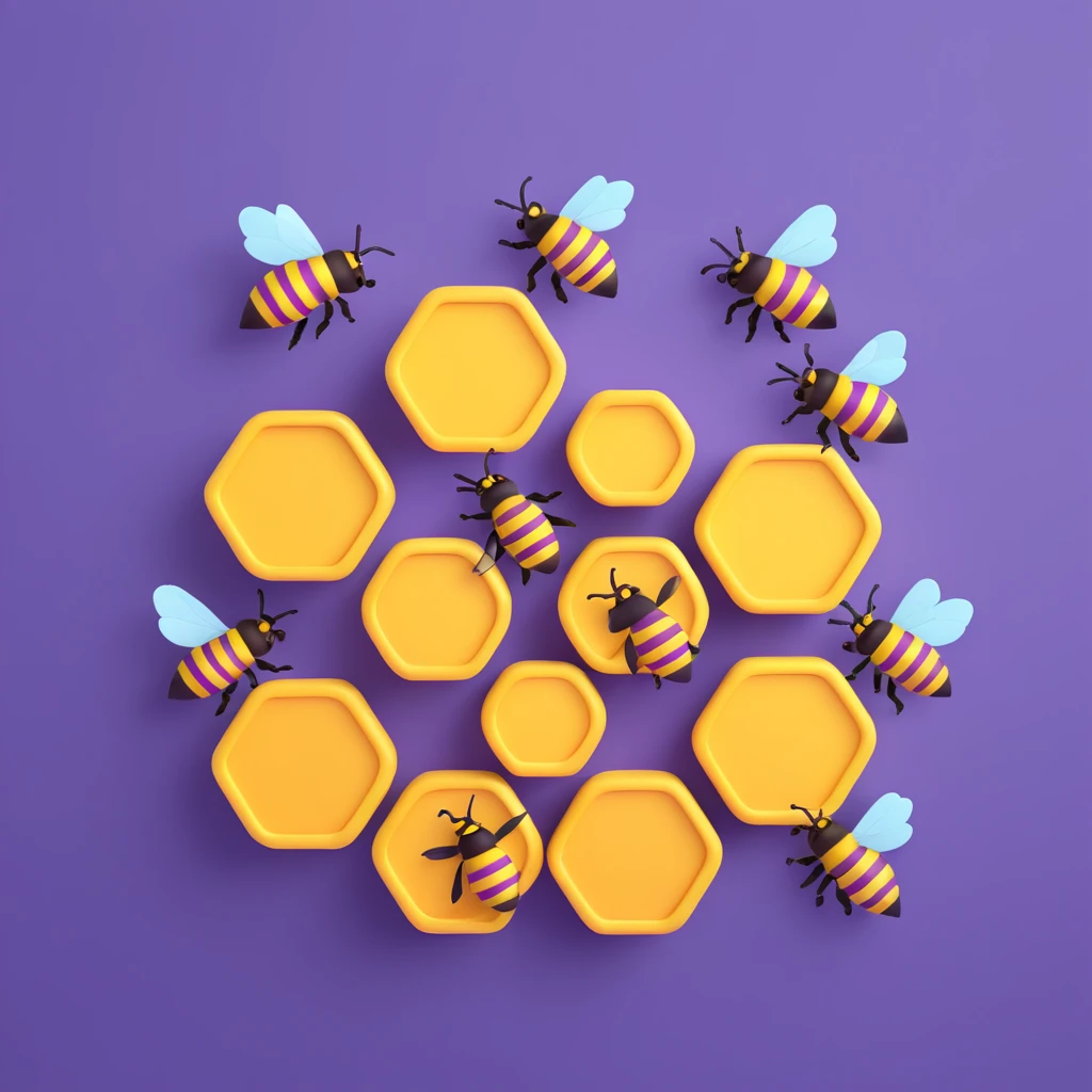 a stylized purple beehive, encircled by five small purple honeybees, fun and lively, no text emoji