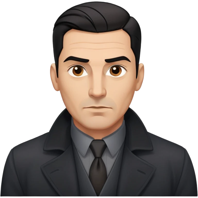 Robust athletic man in his 40s with light brown skin tone, short slicked back straight black hair with fade haircut, strong square face, thick eyebrows, wide nose, black overcoat with buttoned gray shirt visible underneath emoji