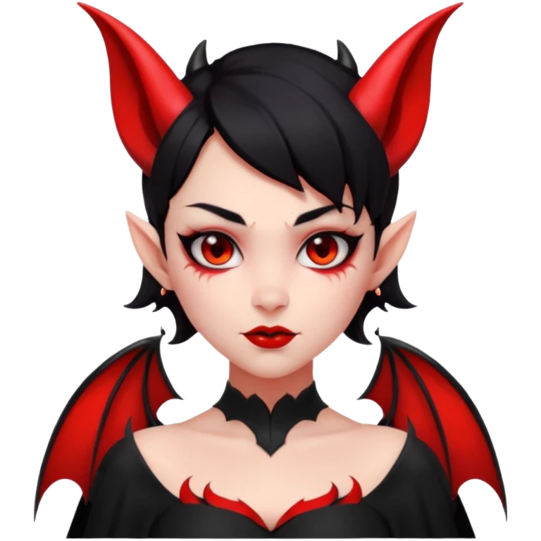 demon girl, skin 100% solid red (no pale/blush), black hair, small horns, pointed ears, bat wing, black open-back dress, bold black outlines, red+black palette emoji