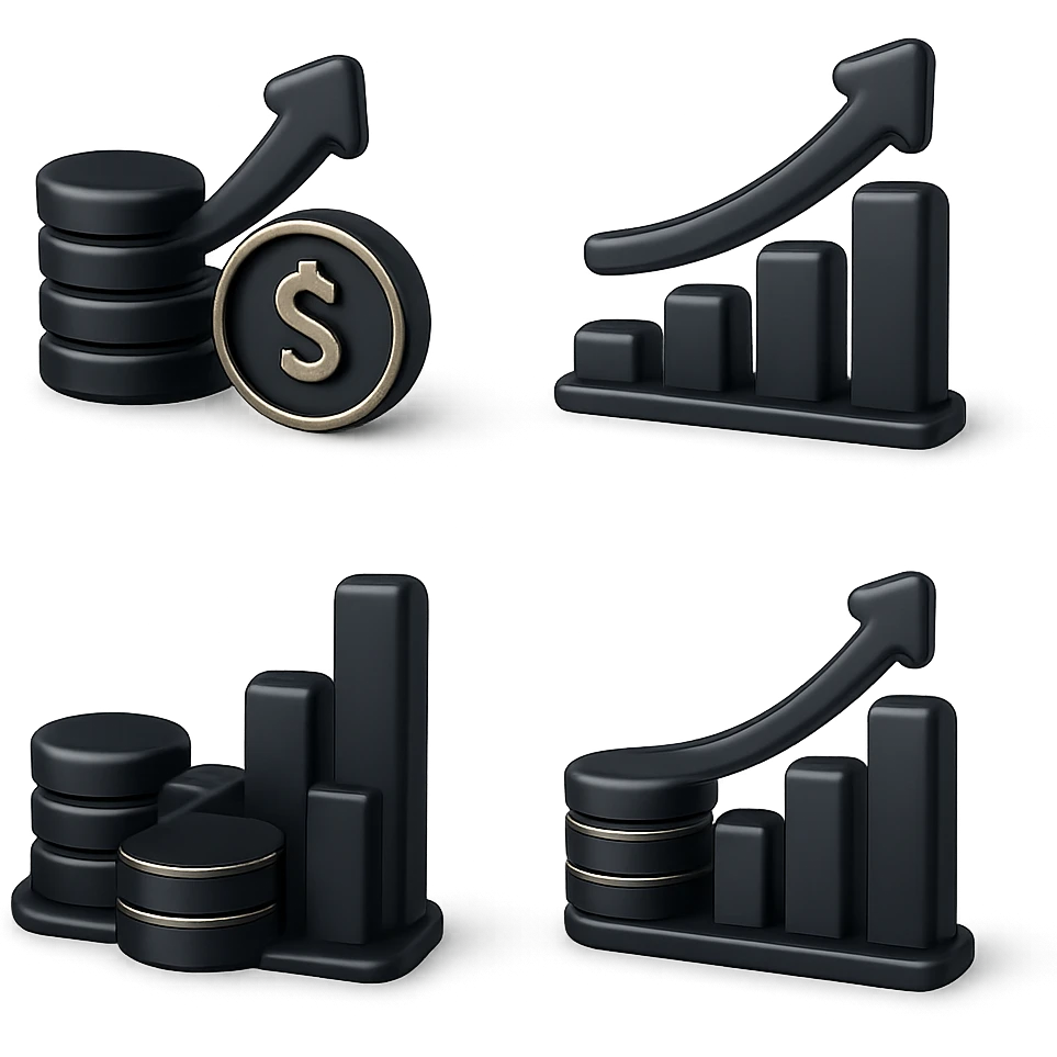 Create four variations of this investment icon in 3D Black style, each featuring different financial symbols such as coins, bar charts, and upward arrows. Emphasize depth, lighting, and a modern look with strong 3D black shading and highlights. emoji