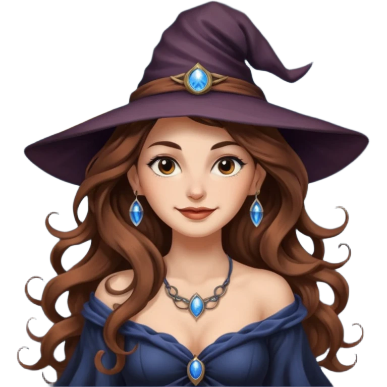 moon witch woman long wavy brown hair tattoos shoulder glance smirk emoji