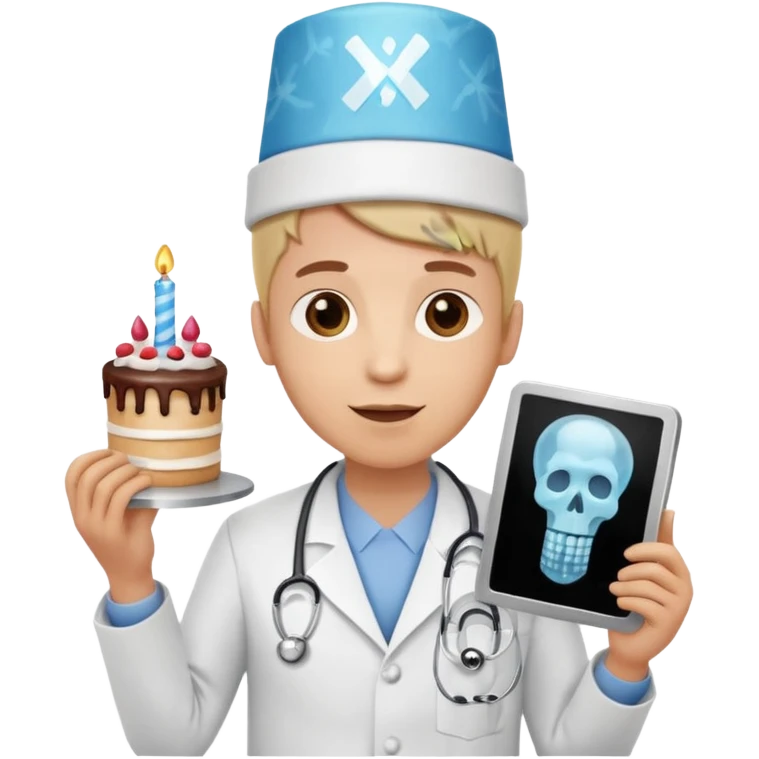 doctor emoji holding X-ray, birthday hat with cake on top. emoji