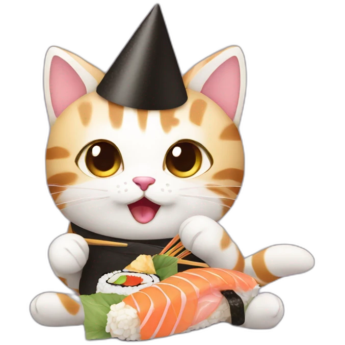 kitten eating sushi for the first time wearing a birthday hat emoji
