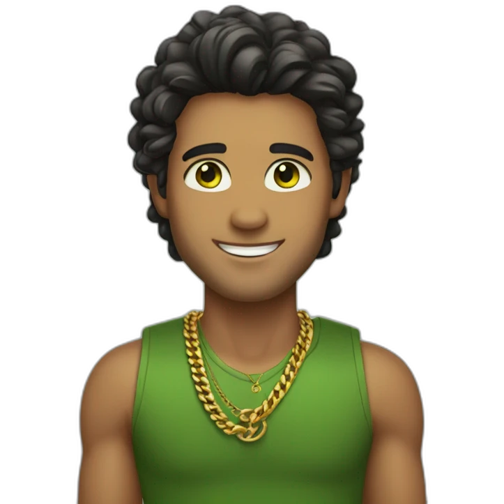 smiling man with tan skin with vibrant green eyes dark hair and a gold chain emoji