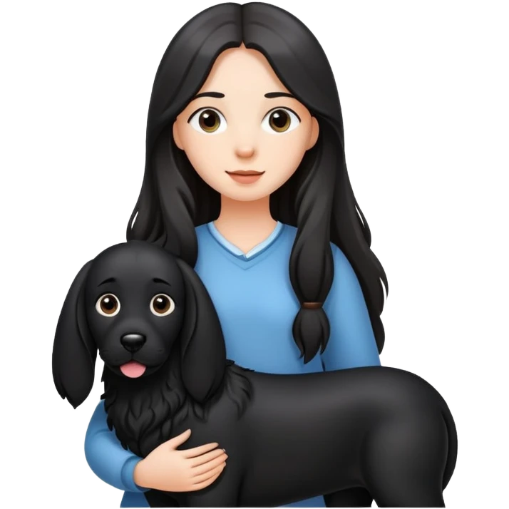 A long-haired girl is holding a big black dog with standing ears emoji