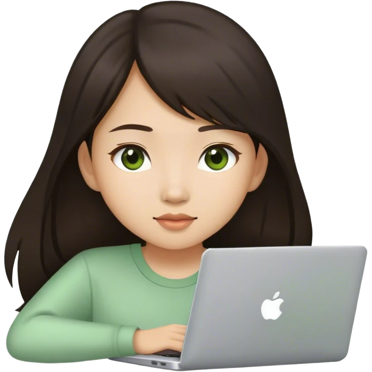 Long brunette Asian girl with light green laptop  emoji