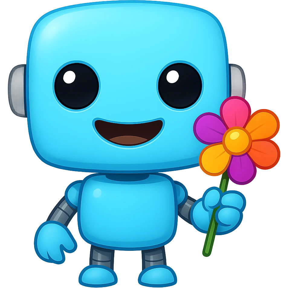 Create a transparent PNG of a cute light blue (#b0f2f8) robot holding a flower, cheerful, in the style of an Apple emoji. Remove the background and keep the robot's light blue color and cute features. emoji