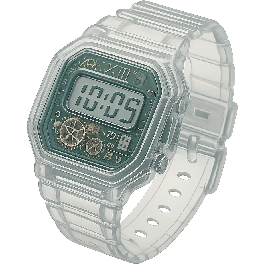A digital watch with see-through casing showing gears, circuit boards and detailed inner mechanisms emoji