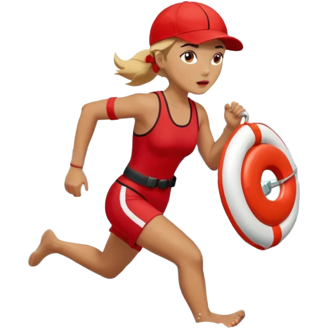 Female lifeguard – red cap, running along shore with rescue buoy emoji