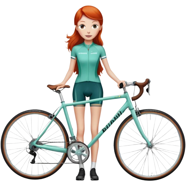 Bianchi bike with tall thin long red headed fem emoji