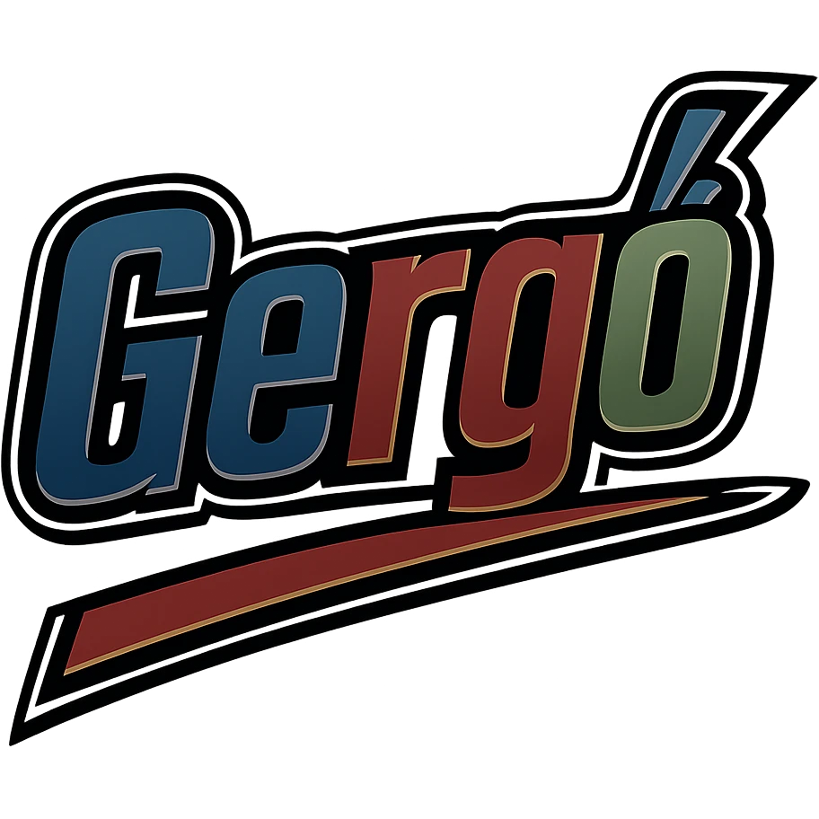 Text image of the name 'Gergő' with masculine, modern font with gradient style, long ő character, dark contour, prominent and clearly visible white border like the uploaded sample, dynamic slanted underline, masculine color shades including blue, gray, burgundy, green, and brown, 1000x1000 px, PNG, transparent background. emoji