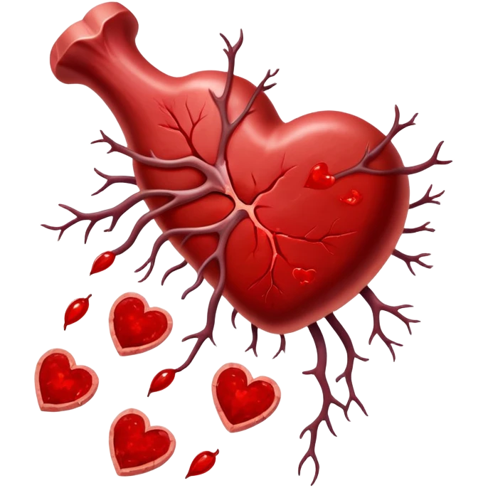 Ethereal red steaks, liver, and dark meat cuts floating alongside a glowing bone marrow. They transform into bright red blood cells that flow toward a heart at the center. The heart pulses with energy that radiates throughout a silhouette of a body, illustrating how heme iron creates vitality. emoji