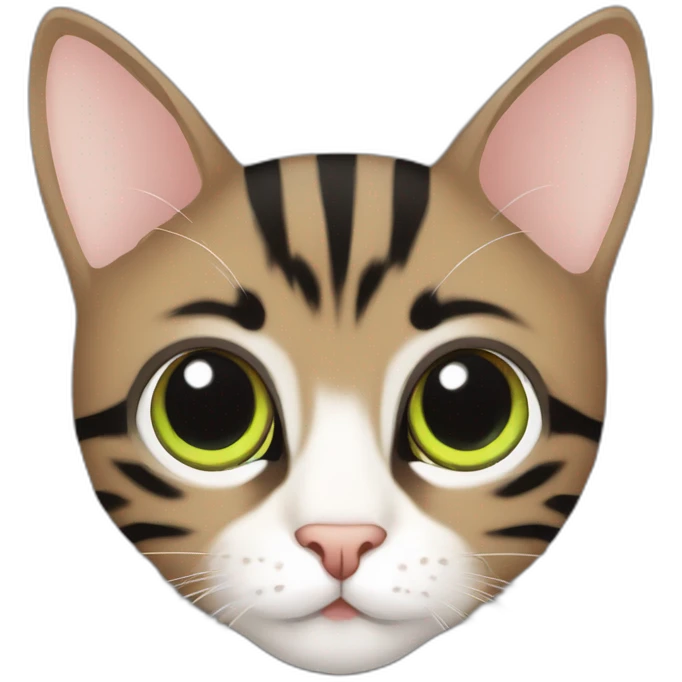  brown-grey cat with black striped pattern, age 4-5 months, eyes yellow-green, emoji