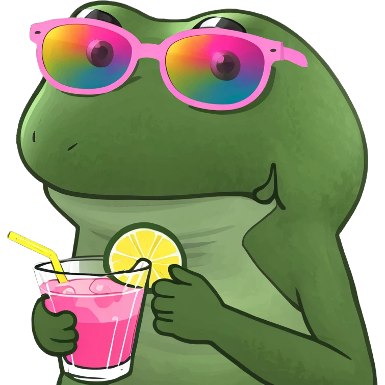 Bufo frog with pink sunglasses, holding a rainbow cocktail, in bufo style, transparent background emoji