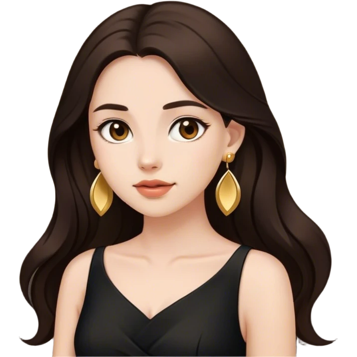 Beautiful woman,cute, long dark brown hair in dark dress with gold earrings emoji