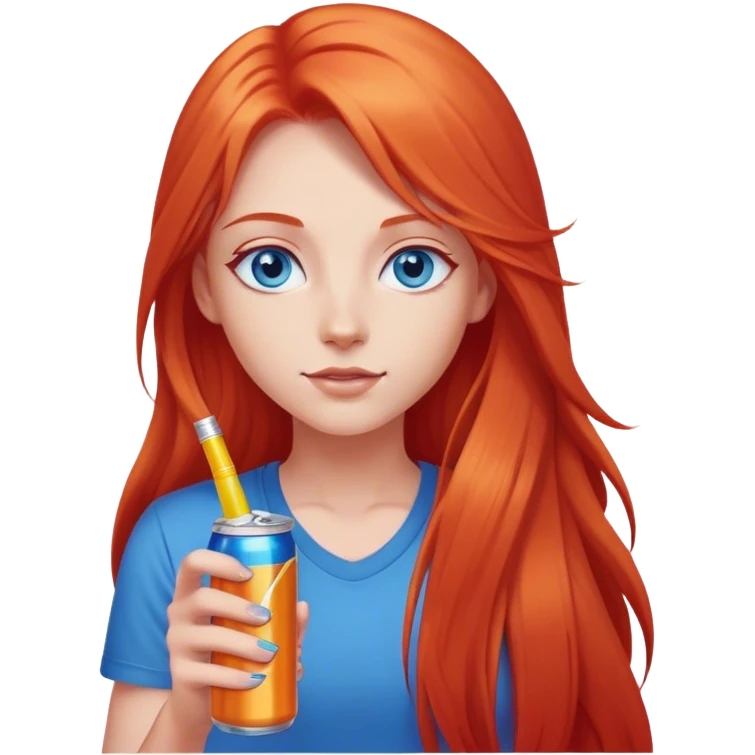 girl with light red long hair with blue eyes with energy drink in hand  emoji