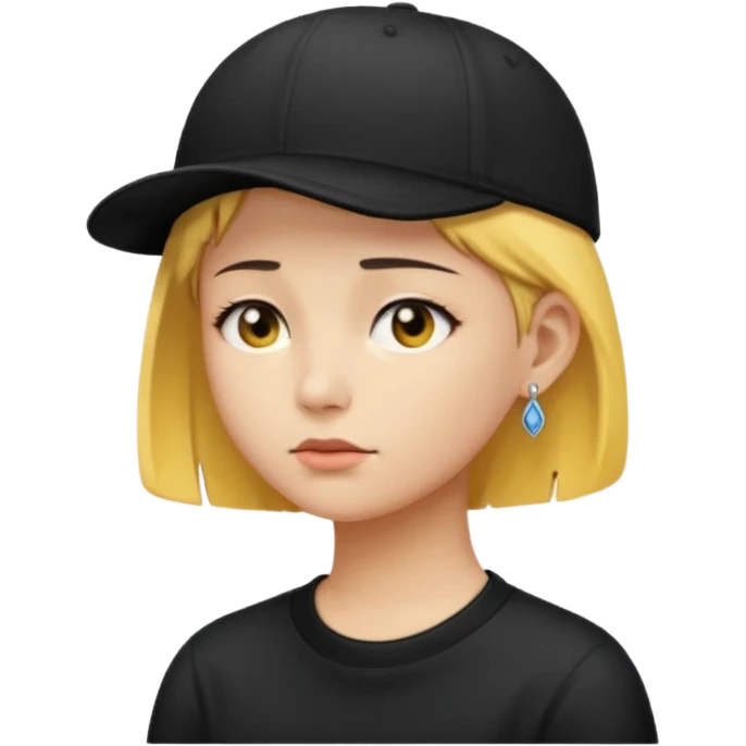 Create me an emoji like that, sad, with earrings, a black cap backwards, yellow skin like an emoji, and short hair down to the nape of my neck. emoji