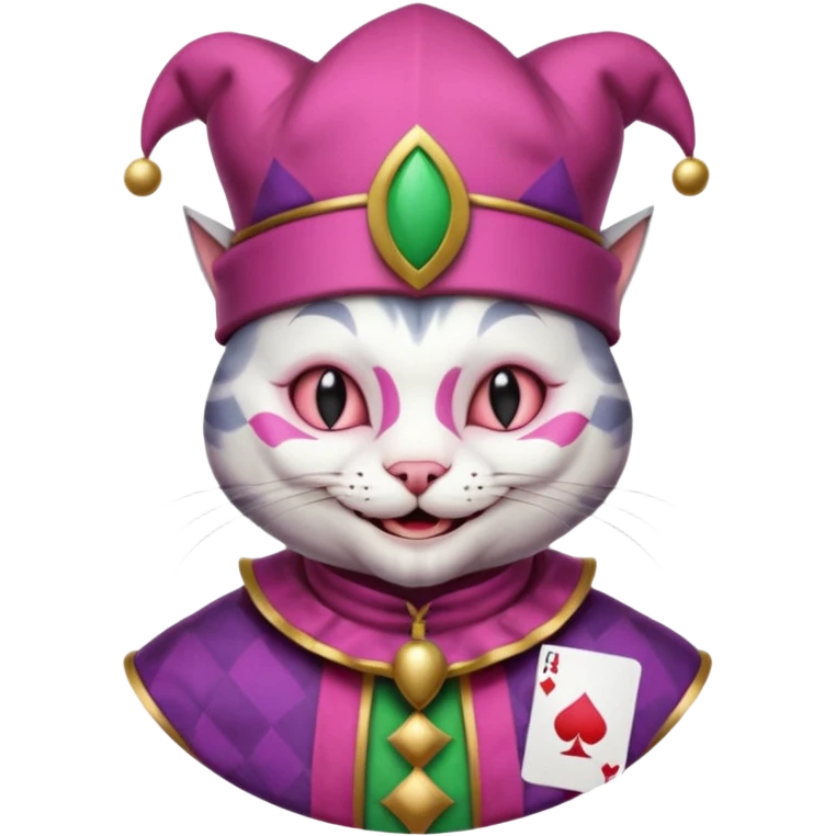 court jester cat medieval, single poker card joker clearly visible, pink, face only, round badge,  court jester cap emoji