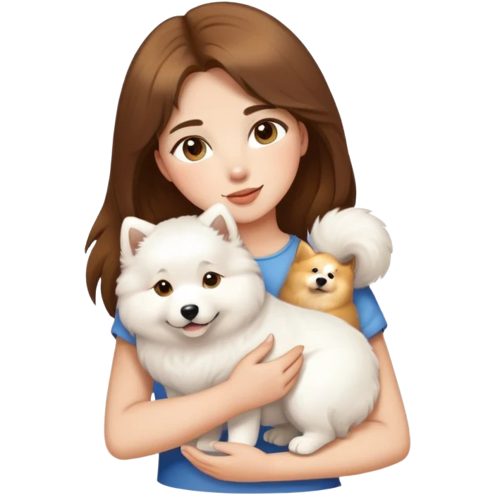 A girl with brown and golden hair holding a Samoyed emoji