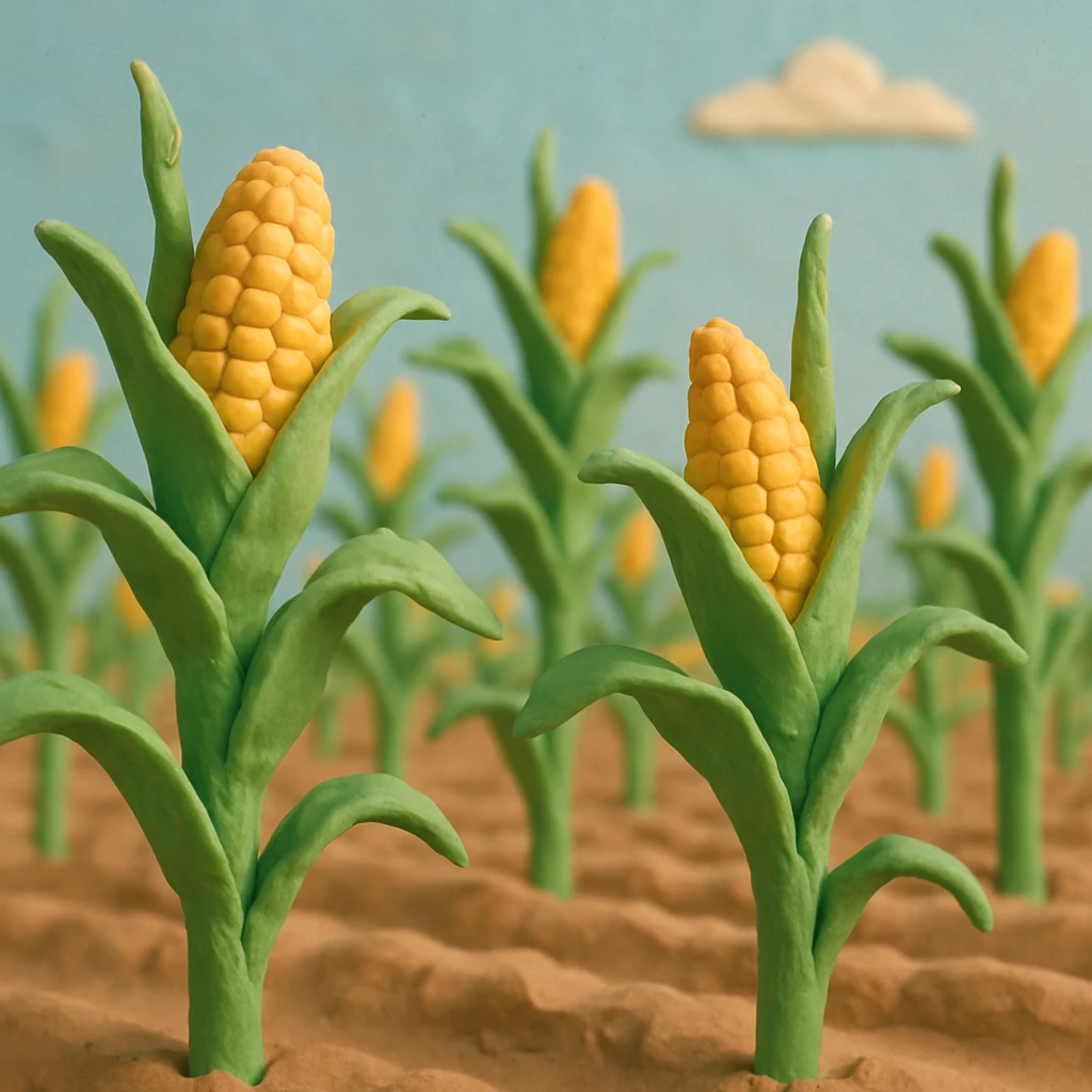 rows of tall corn stalks with green leaves and yellow corn in a corn field, soft pastel colors, blue sky, claymation style emoji