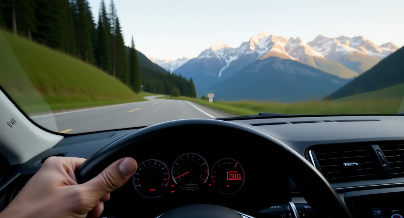 Realistic camshot pov car (hands holding car wheel) switzerland road with car crash emoji