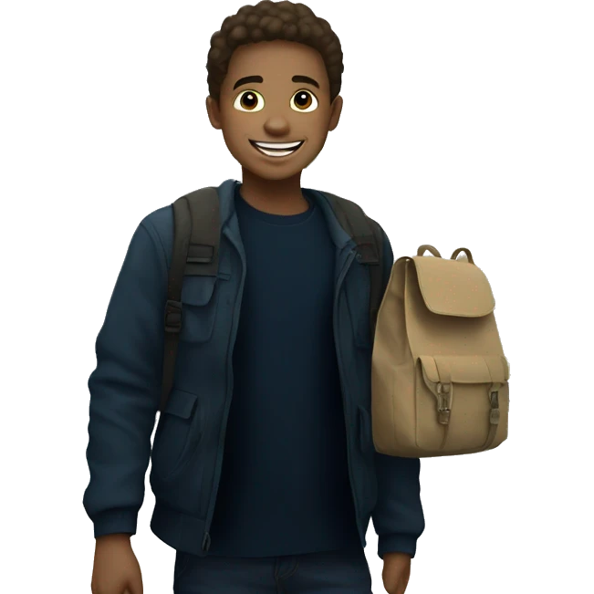 smiling boy outdoors with bag emoji