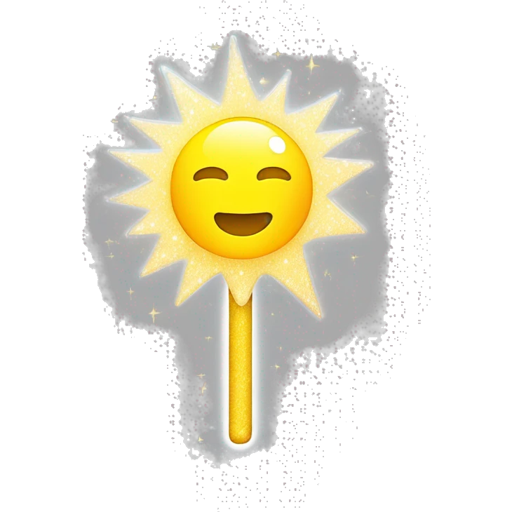 A k-pop inspired lightstick. It has a dome shape and white handle that's wide at the top and goes narrow to the bottom. The dome is transparent it is slightly glittery. Inside is a  cartoonish yellow sun the sun sits at the center and half of it is sunken emoji