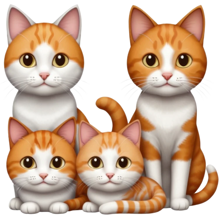 3 different coloured short haired cats including; a dark brown tabby and white cat, and a dark grey and white and a ginger and white emoji