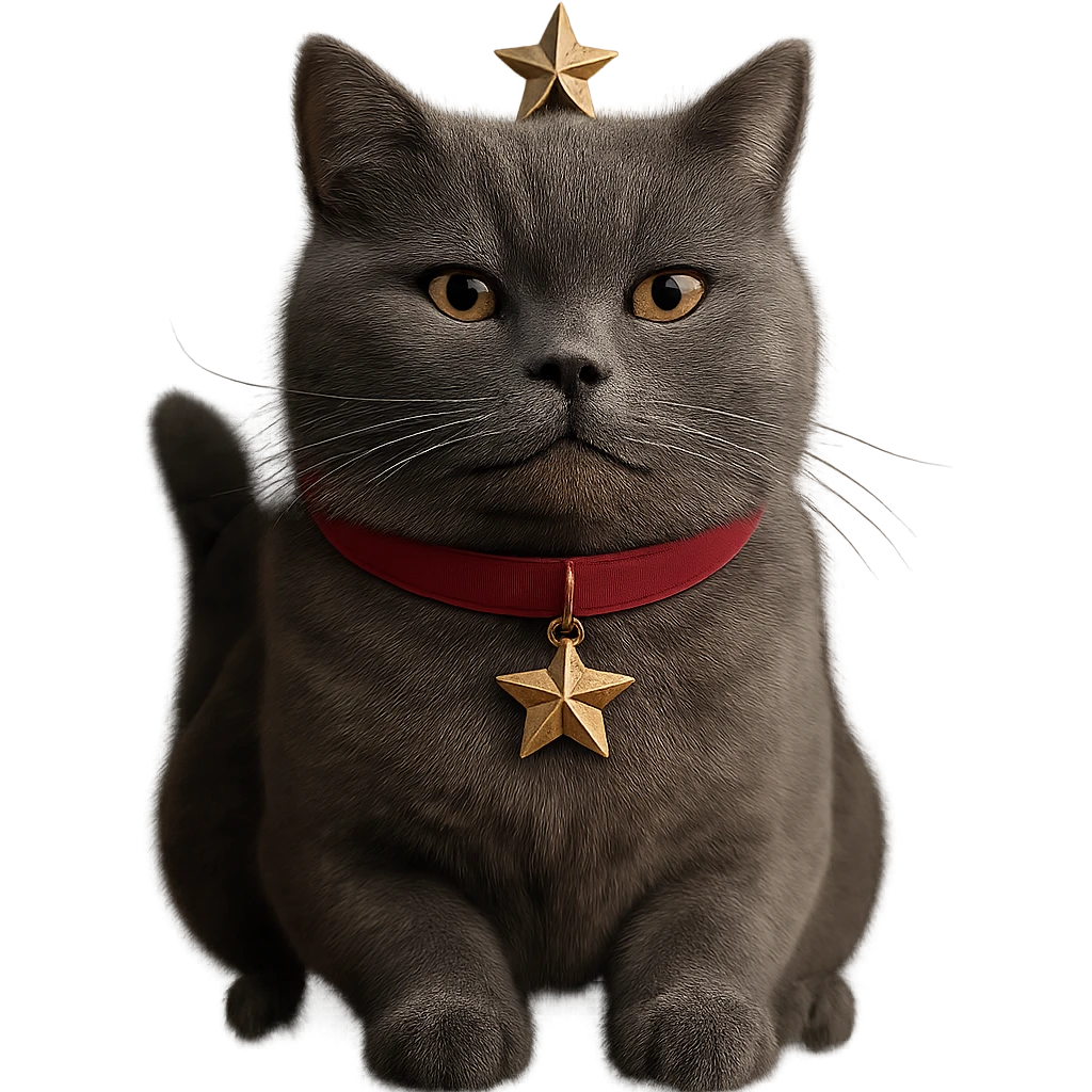 Make this British Shorthair cat with a proud smile and a gold star look more realistic, keep the pose and expression, no background, photorealistic style. emoji