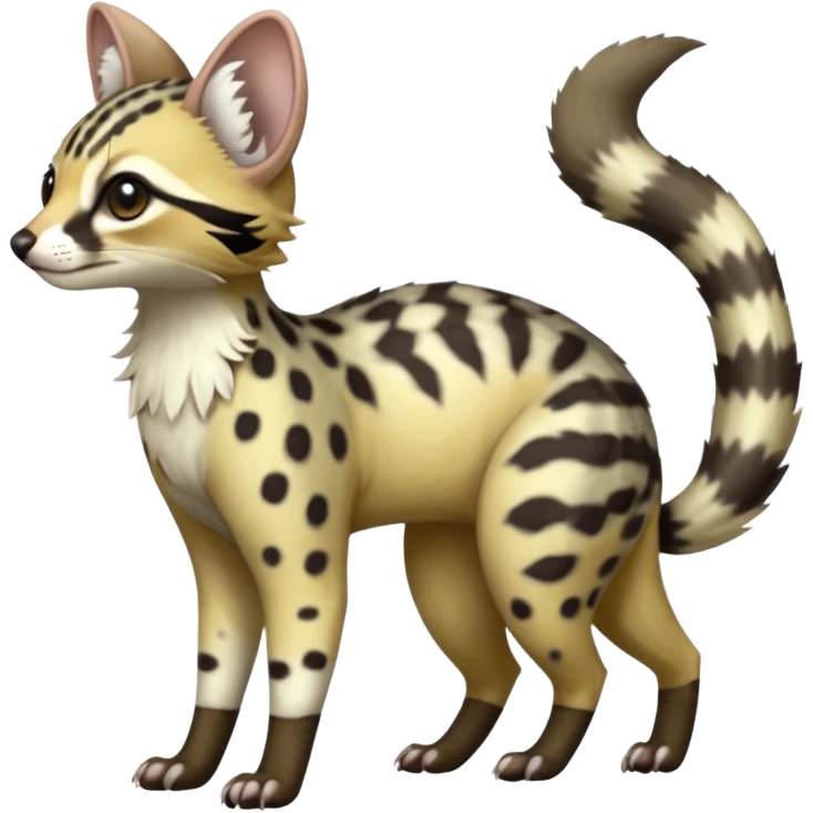 Cute elegant dotted spotted clouded hyper-realistic lifelike furry Civet-Genet-Possum-Serval-Caracal-Sergal-Trico-Numbat-Furret-fusion-Fakemon-hybrid-creature (full body) with long tufted ears and a striped tufted tail  emoji