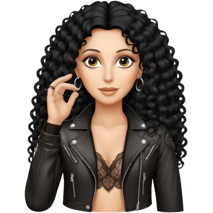 realistic cinematic singer Cher in a typical rocker's attractive outfit with leather and lace, half-naked, huge curly hair like in the video If I Could Turn Back Time emoji