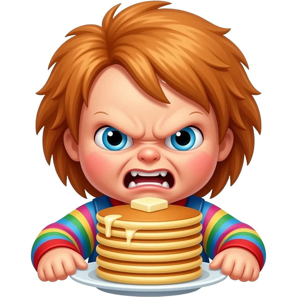 Chucky with a angry face eating a stack of pancakes emoji