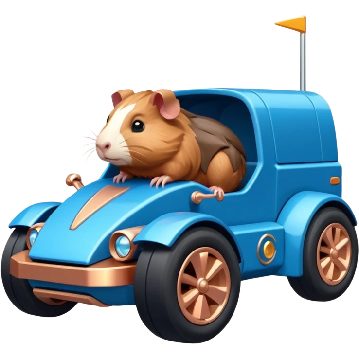 dark crystal blue and rosegold-accented cyber truck-faceted-body electric racing car driven by a small cute but fearless Guinea pig with rear spoiler, roll bar, and wheely bar emoji