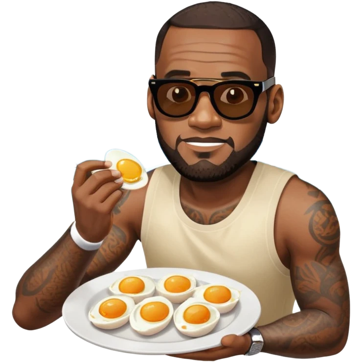 LeBron James enjoying a plate of eggs and fish outdoors in the sun emoji