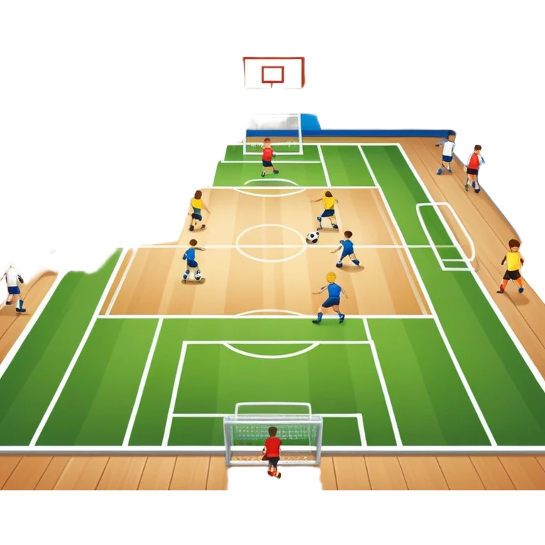 A mini-football match in an indoor sports hall with wooden flooring and clear field markings. The scene shows a vibrant game in action, with players positioned on the court, the goalposts visible, and the atmosphere filled with energy and focus. emoji