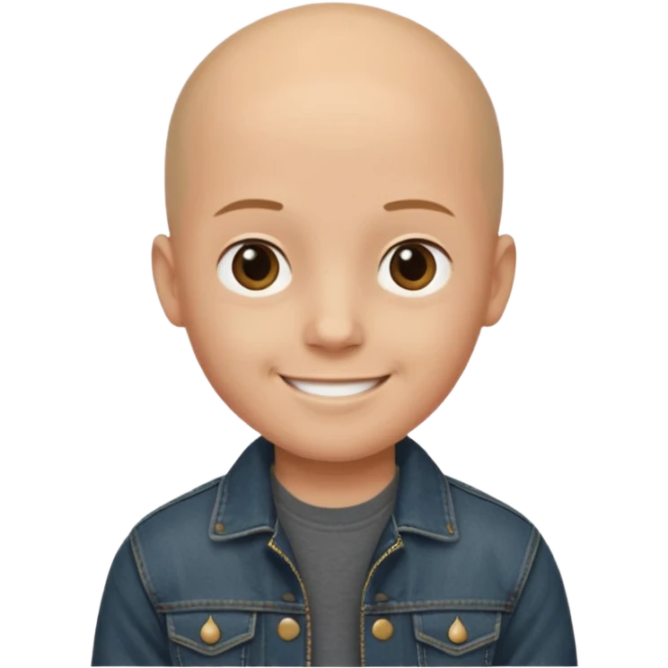  a young boy with bald head, black jeans jacket, plain forehead emoji