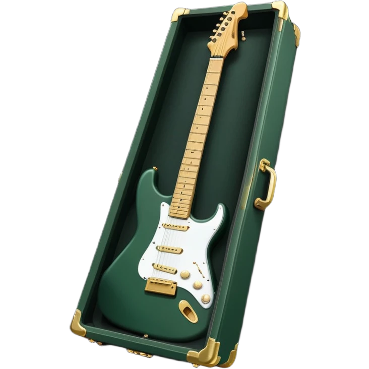 minimalist electric guitar in dark green, closed inside a black rectangular hard case with gold latches, soft matte textures, simplified details emoji