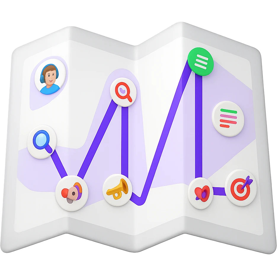 Create a modern, clean paper map emoji in the style of Apple emojis, open to reveal the attached digital roadmap drawing inside with a purple path and icons. The map represents a step-by-step guide for musicians, looking new, colorful, and inviting. No city map elements, no old or antique style, and no text. Transparent background. emoji