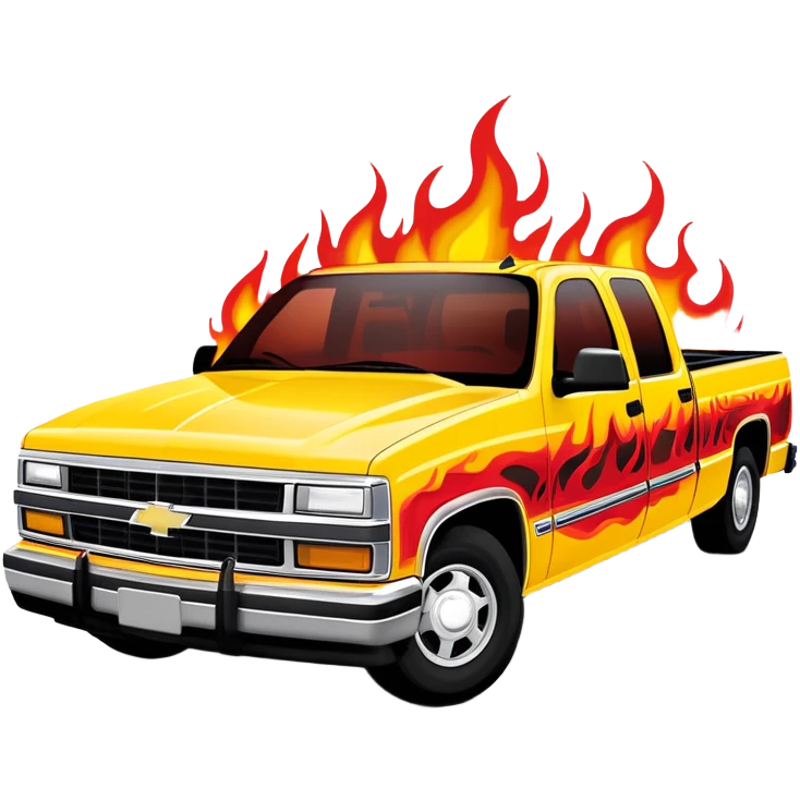 1997 yellow Chevy C-2500 Crew Cab with intricate airbrushed red flame design spreading across front, realistic flame artwork like in Kill Bill movie, 30-degree view, iOS emoji style emoji